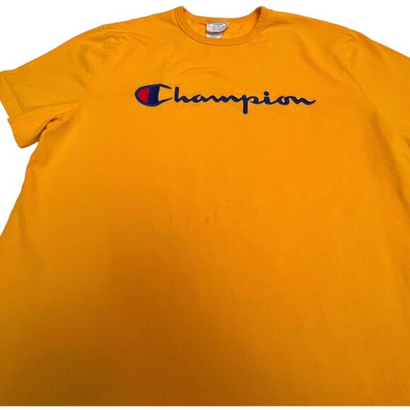 Vintage Champion Yellow 90s Spell Out Script Shirt Embroidered Logo - Picture 6 of 7